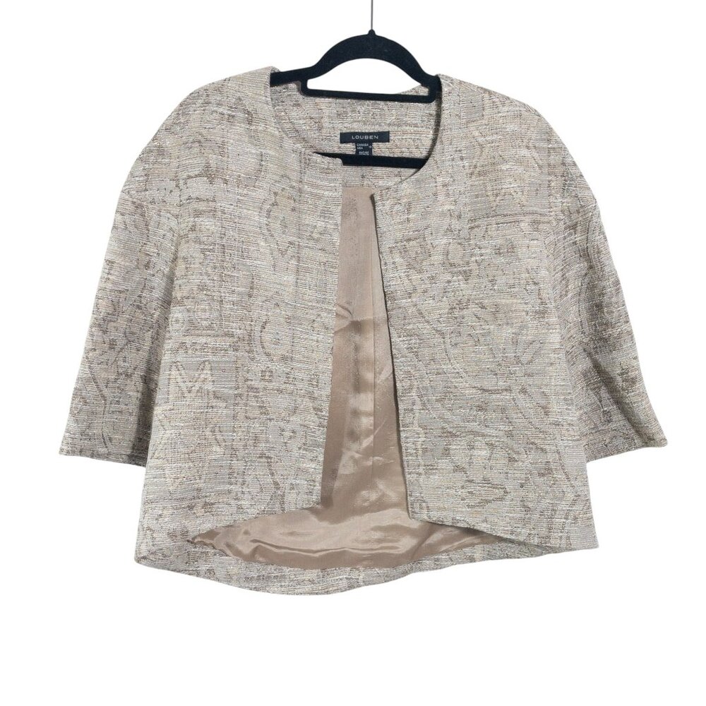 Louben Beige Jaquard Open Front Blazer Scoop Neck Cropped Sleeve SZ 10
